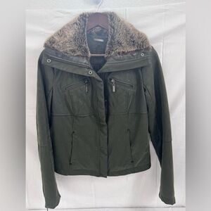 Joujou Olive Green Faux Leather Jacket With Faux Fur Collar Size M